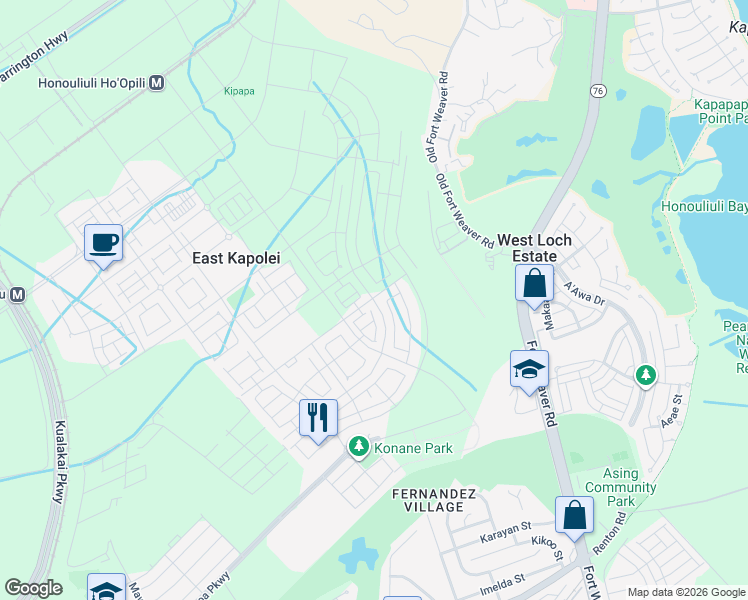 map of restaurants, bars, coffee shops, grocery stores, and more near Pump 3 Road in Ewa Beach