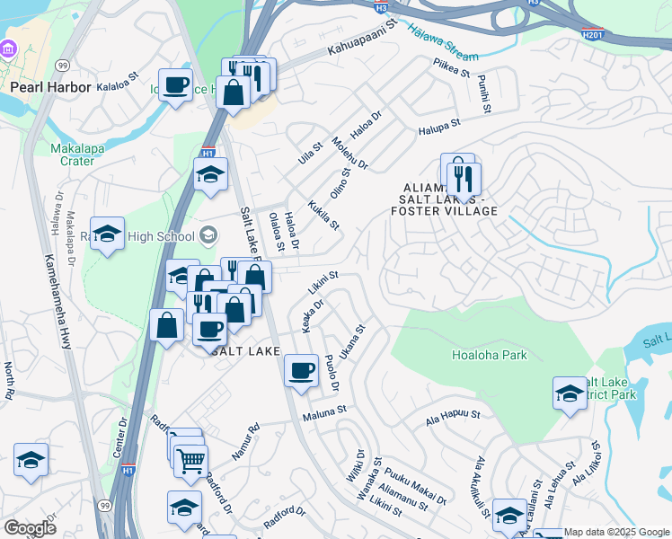 map of restaurants, bars, coffee shops, grocery stores, and more near 4345 Likini Street in Honolulu