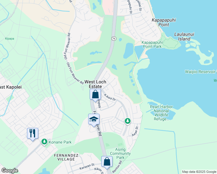 map of restaurants, bars, coffee shops, grocery stores, and more near 91-111 Makaaloa Place in Ewa Beach