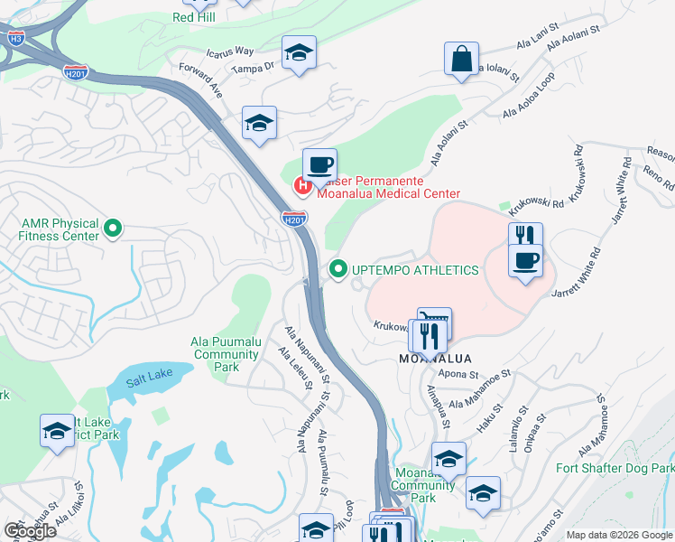 map of restaurants, bars, coffee shops, grocery stores, and more near 3260 Moanalua Road in Honolulu