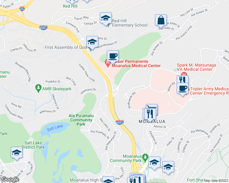 map of restaurants, bars, coffee shops, grocery stores, and more near 3260 Moanalua Road in Honolulu