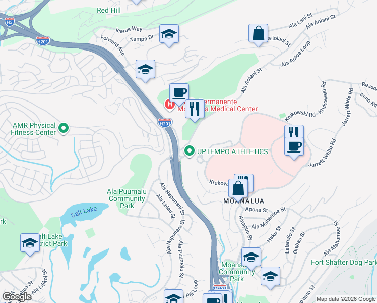 map of restaurants, bars, coffee shops, grocery stores, and more near 3260 Moanalua Road in Honolulu
