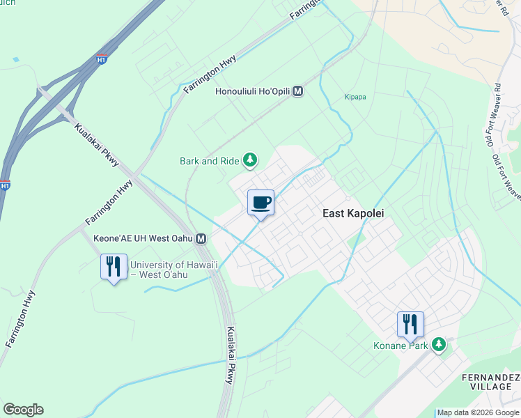 map of restaurants, bars, coffee shops, grocery stores, and more near 91-3575 Kauluakoko Street in Ewa Beach