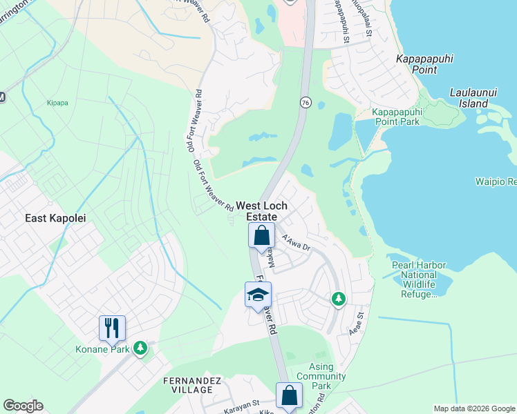 map of restaurants, bars, coffee shops, grocery stores, and more near 91 Highway 76 in Ewa Beach