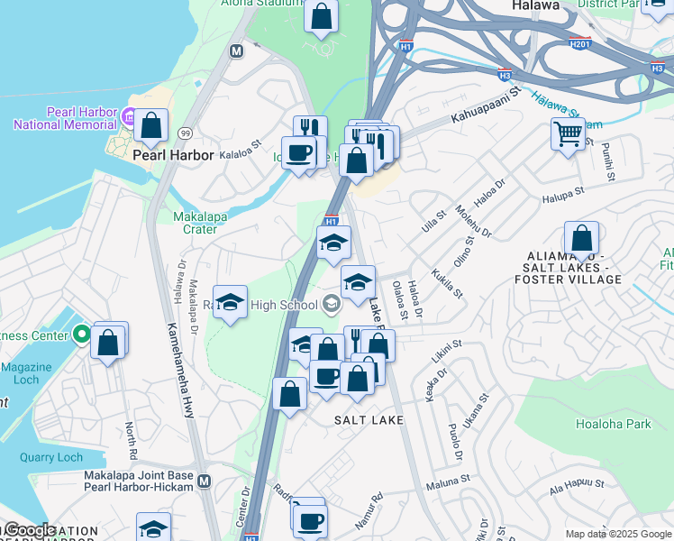 map of restaurants, bars, coffee shops, grocery stores, and more near 4435 Salt Lake Boulevard in Honolulu