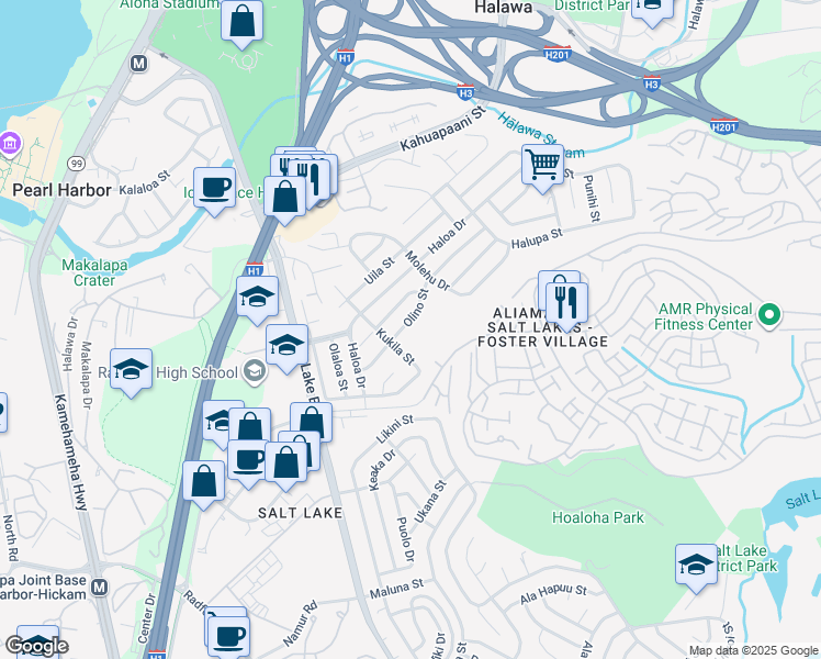 map of restaurants, bars, coffee shops, grocery stores, and more near 1335 Olino Street in Honolulu