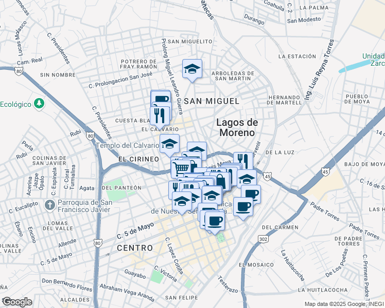 map of restaurants, bars, coffee shops, grocery stores, and more near 47 Prolongación Miguel Leandro G. in Lagos de Moreno
