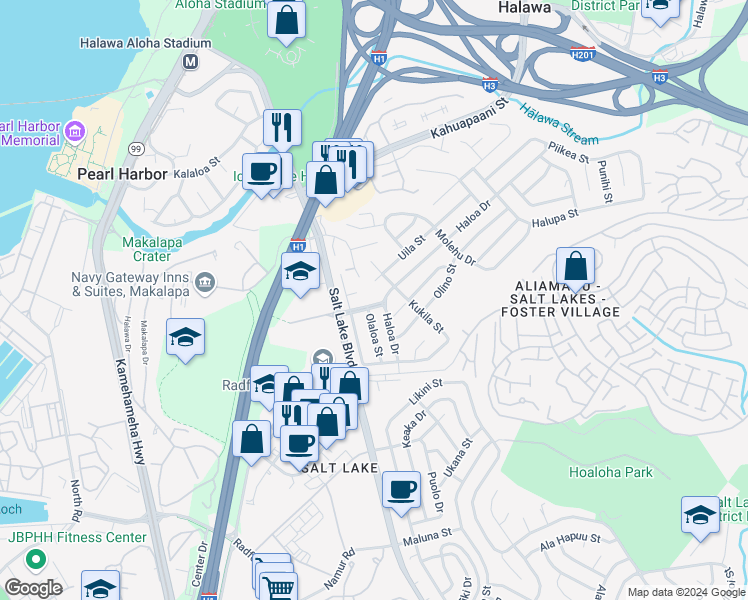 map of restaurants, bars, coffee shops, grocery stores, and more near 1052 Ala Oli Street in Honolulu