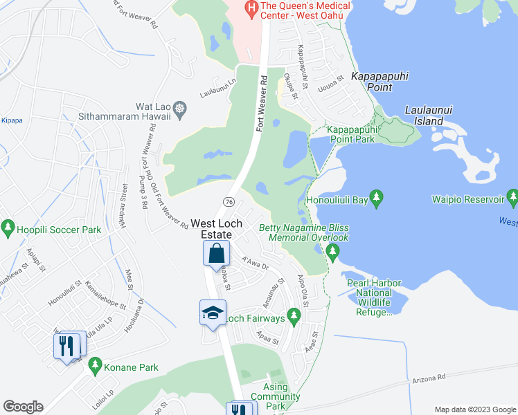map of restaurants, bars, coffee shops, grocery stores, and more near 91-117 Akekee Place in Ewa Beach