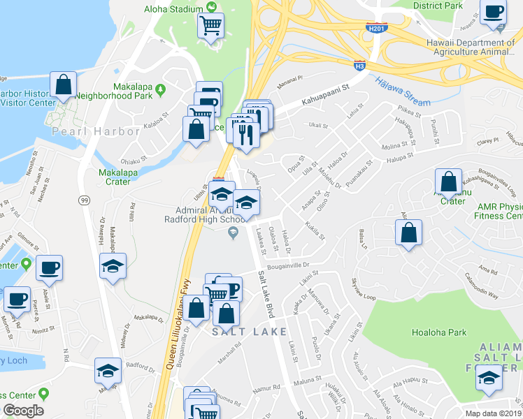 map of restaurants, bars, coffee shops, grocery stores, and more near Laakea Place in Halawa