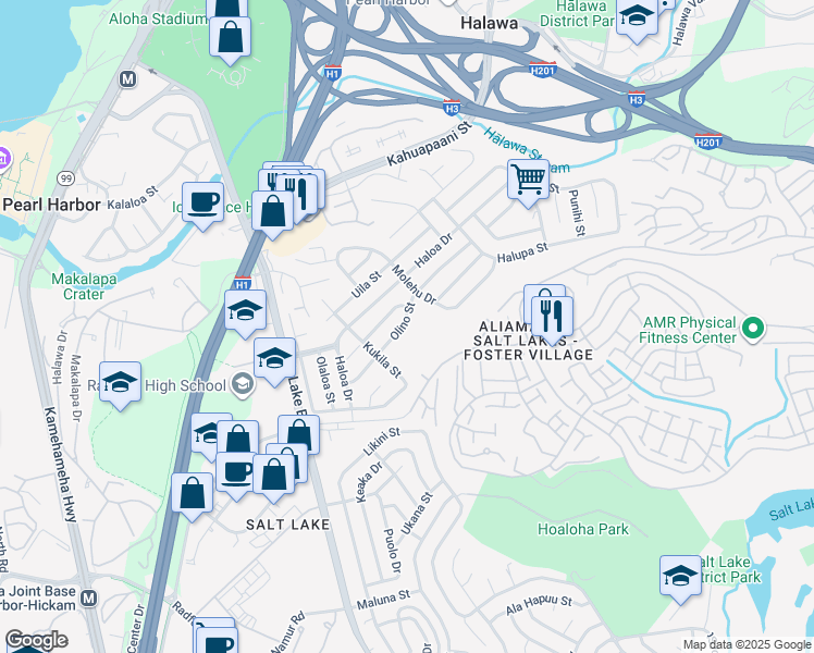 map of restaurants, bars, coffee shops, grocery stores, and more near 1335 Olino Street in Honolulu