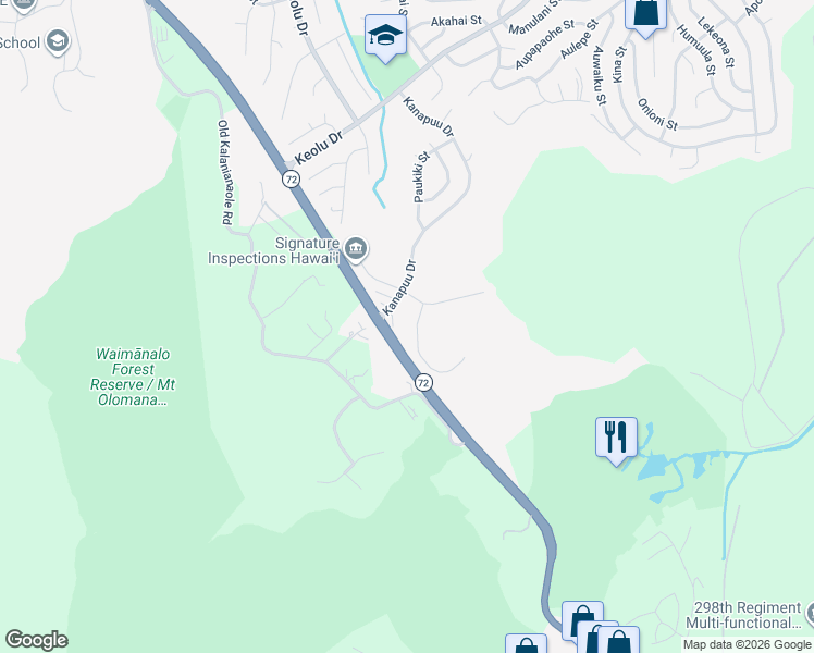 map of restaurants, bars, coffee shops, grocery stores, and more near 98 Kanapuu Place in Kailua