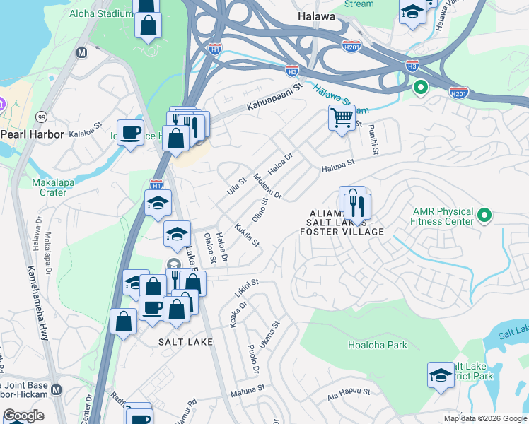 map of restaurants, bars, coffee shops, grocery stores, and more near 1335 Olino Street in Honolulu