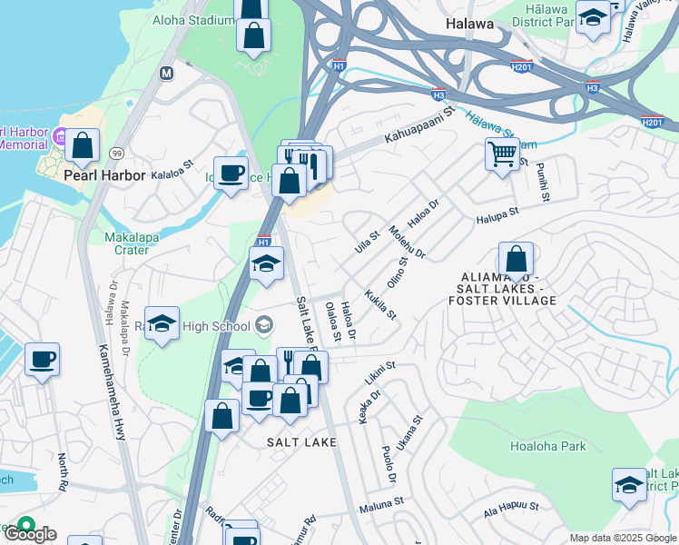 map of restaurants, bars, coffee shops, grocery stores, and more near 1052 Ala Oli Street in Honolulu