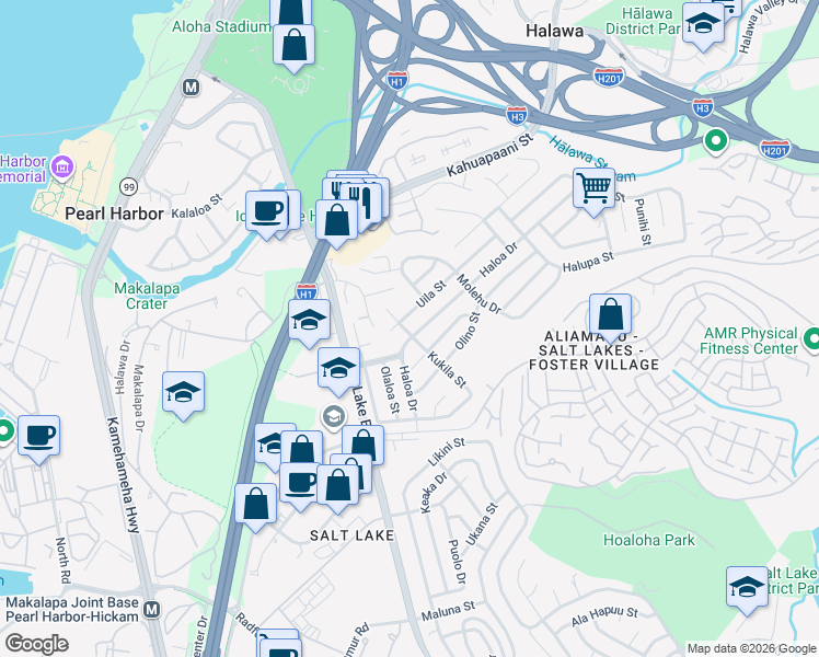 map of restaurants, bars, coffee shops, grocery stores, and more near 1340 Haloa Drive in Honolulu