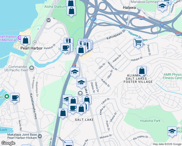 map of restaurants, bars, coffee shops, grocery stores, and more near 1341 Kukila Street in Honolulu