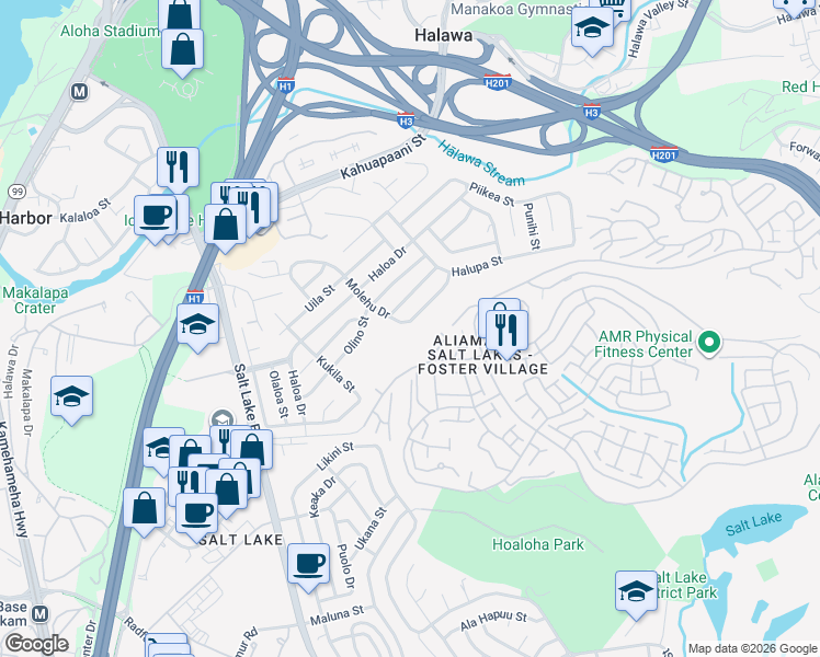 map of restaurants, bars, coffee shops, grocery stores, and more near 1486 Molehu Drive in Honolulu
