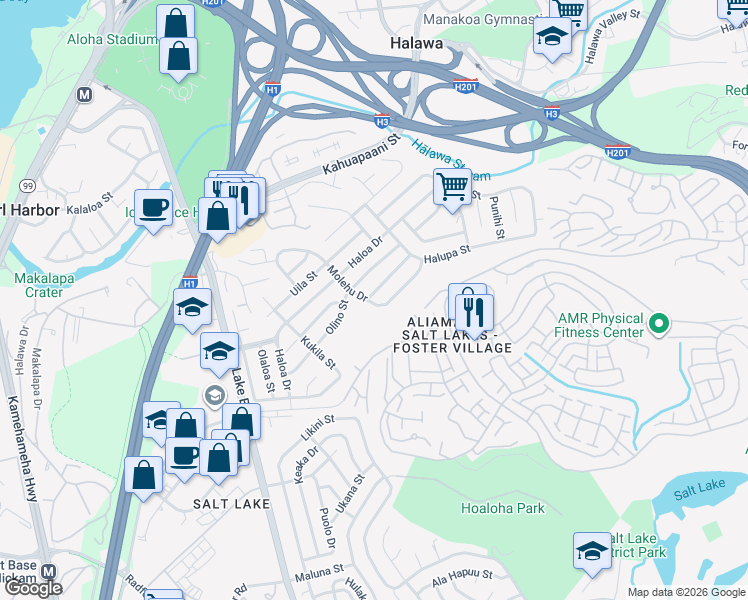 map of restaurants, bars, coffee shops, grocery stores, and more near 1486 Molehu Drive in Honolulu