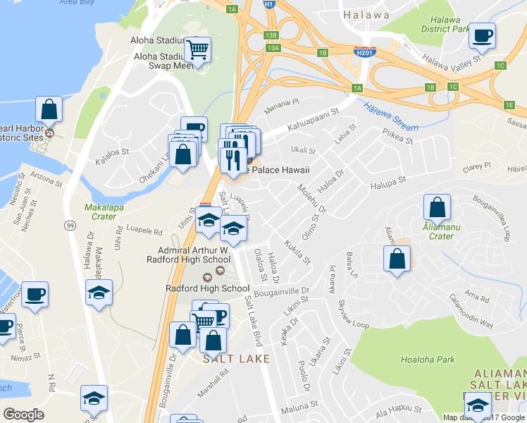 map of restaurants, bars, coffee shops, grocery stores, and more near 1341 Kukila Street in Honolulu