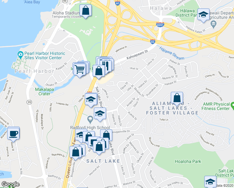 map of restaurants, bars, coffee shops, grocery stores, and more near 4500 Luapele Place in Honolulu