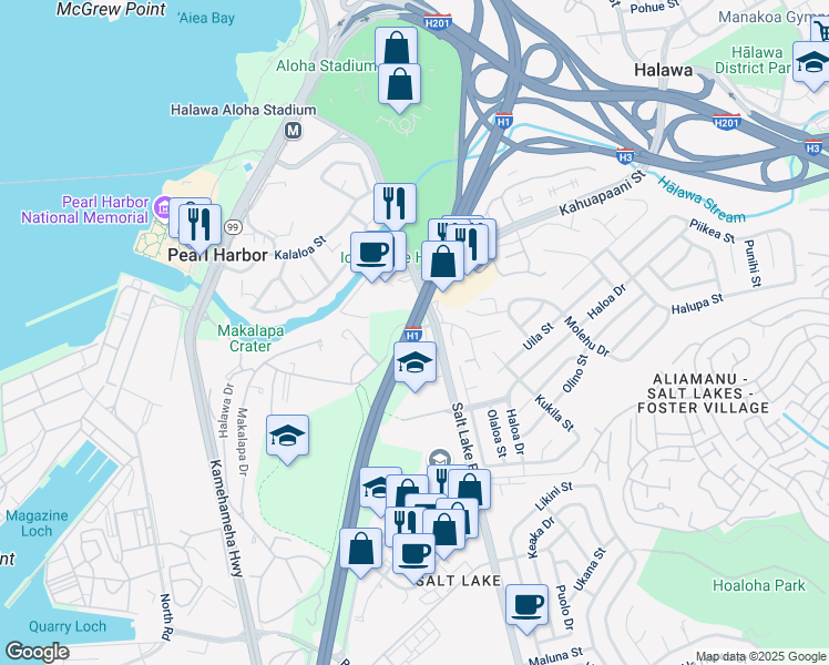 map of restaurants, bars, coffee shops, grocery stores, and more near Queen Liliuokalani Freeway in Honolulu