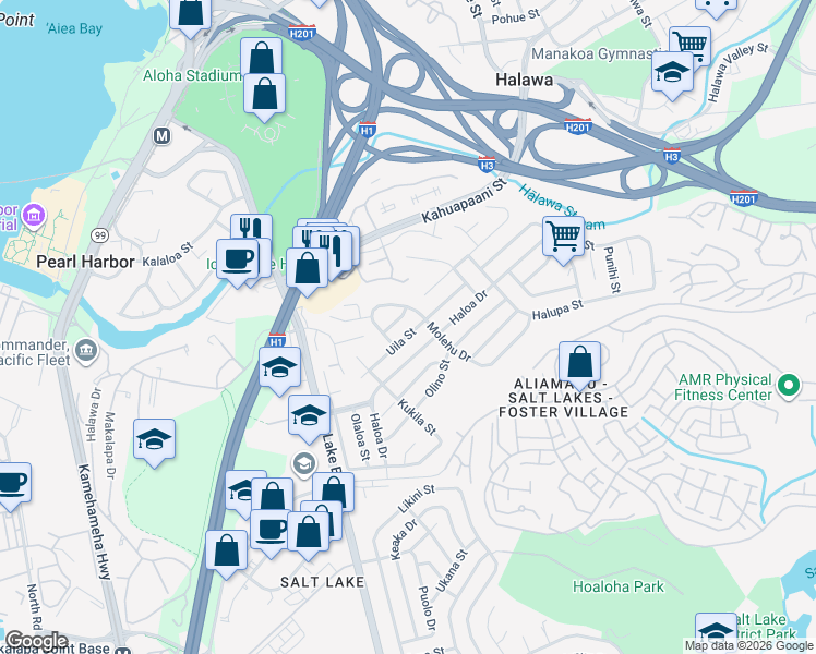 map of restaurants, bars, coffee shops, grocery stores, and more near 1324 Opua Street in Honolulu