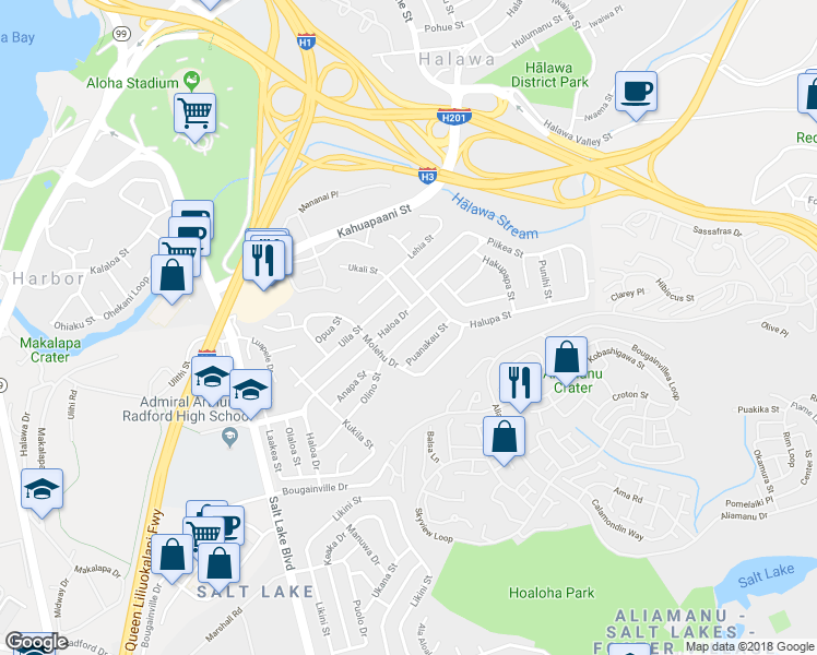 map of restaurants, bars, coffee shops, grocery stores, and more near 1450 Olino Street in Honolulu