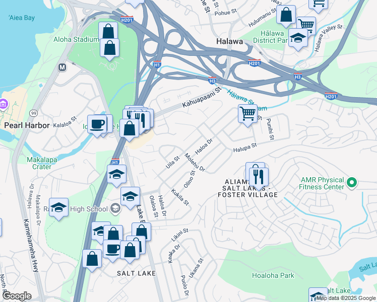 map of restaurants, bars, coffee shops, grocery stores, and more near 1409 Uila Street in Honolulu