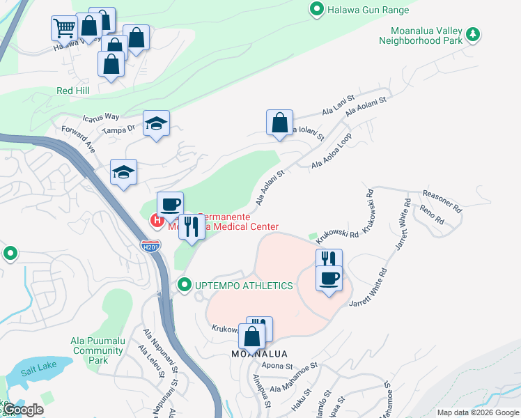 map of restaurants, bars, coffee shops, grocery stores, and more near 1385 Ala Aolani Street in Honolulu