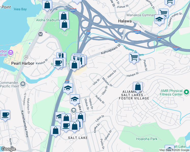 map of restaurants, bars, coffee shops, grocery stores, and more near 1324 Opua Street in Honolulu