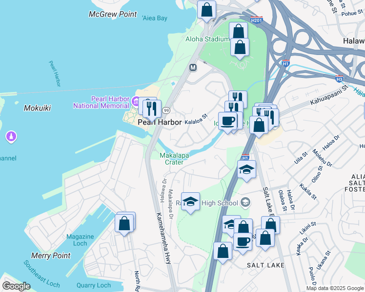 map of restaurants, bars, coffee shops, grocery stores, and more near 99-58 Ohiaku Street in Aiea