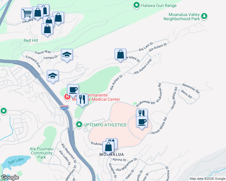 map of restaurants, bars, coffee shops, grocery stores, and more near 1385 Ala Aolani Street in Honolulu