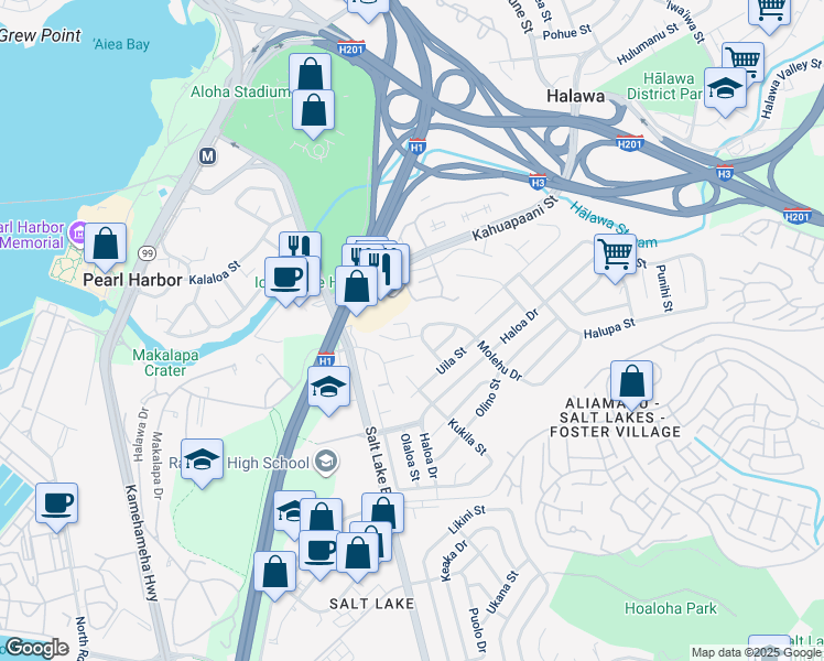 map of restaurants, bars, coffee shops, grocery stores, and more near 1334 Wawe Place in Honolulu