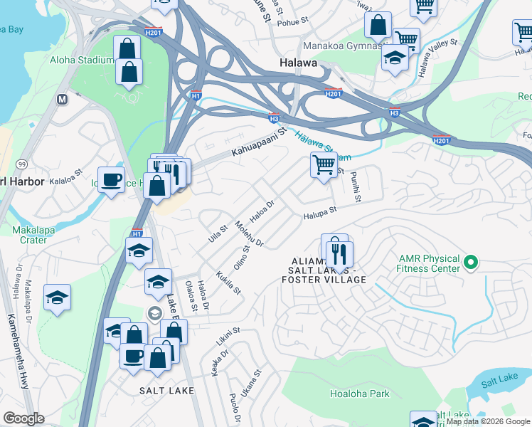 map of restaurants, bars, coffee shops, grocery stores, and more near 1450 Olino Street in Honolulu