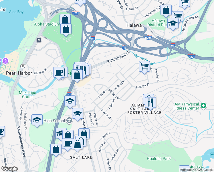 map of restaurants, bars, coffee shops, grocery stores, and more near 1409 Uila Street in Honolulu