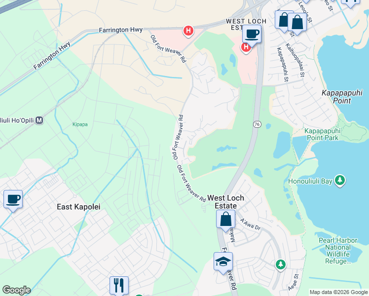 map of restaurants, bars, coffee shops, grocery stores, and more near 2 Fort Weaver Road in Ewa Beach
