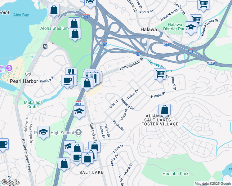 map of restaurants, bars, coffee shops, grocery stores, and more near 1324 Opua Street in Honolulu