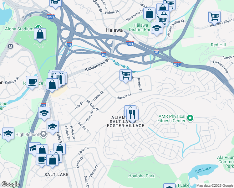 map of restaurants, bars, coffee shops, grocery stores, and more near 4309 Halupa Street in Honolulu