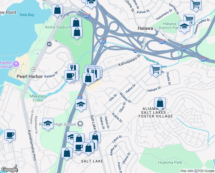 map of restaurants, bars, coffee shops, grocery stores, and more near 1324 Opua Street in Honolulu