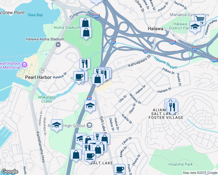 map of restaurants, bars, coffee shops, grocery stores, and more near 1334 Wawe Place in Honolulu