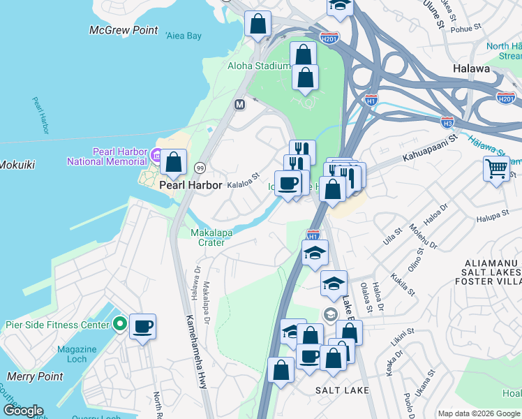 map of restaurants, bars, coffee shops, grocery stores, and more near 99-175 Ohekani Loop in Aiea