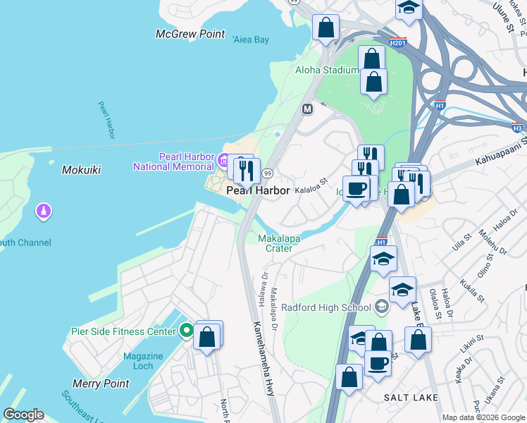 map of restaurants, bars, coffee shops, grocery stores, and more near 99-009 Kalaloa Street in Aiea