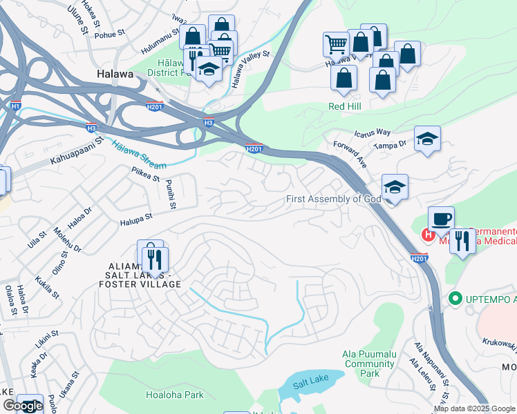 map of restaurants, bars, coffee shops, grocery stores, and more near Hibiscus Street in Honolulu