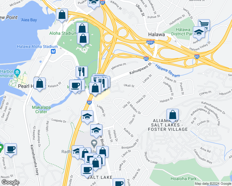map of restaurants, bars, coffee shops, grocery stores, and more near 1233 Ala Alii Street in Honolulu