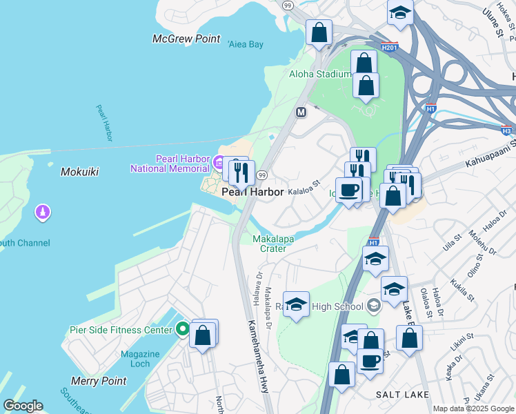 map of restaurants, bars, coffee shops, grocery stores, and more near 99028 Kalaloa Street in Aiea