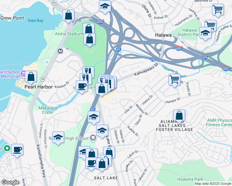 map of restaurants, bars, coffee shops, grocery stores, and more near 1205 Ala Alii Street in Honolulu
