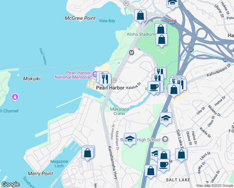 map of restaurants, bars, coffee shops, grocery stores, and more near 99028 Kalaloa Street in Aiea