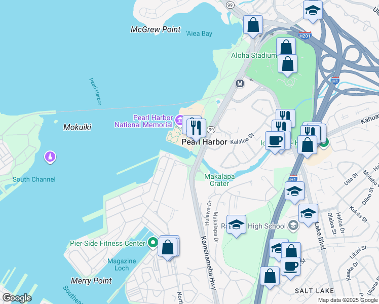 map of restaurants, bars, coffee shops, grocery stores, and more near 99 Arizona Memorial Place in Aiea