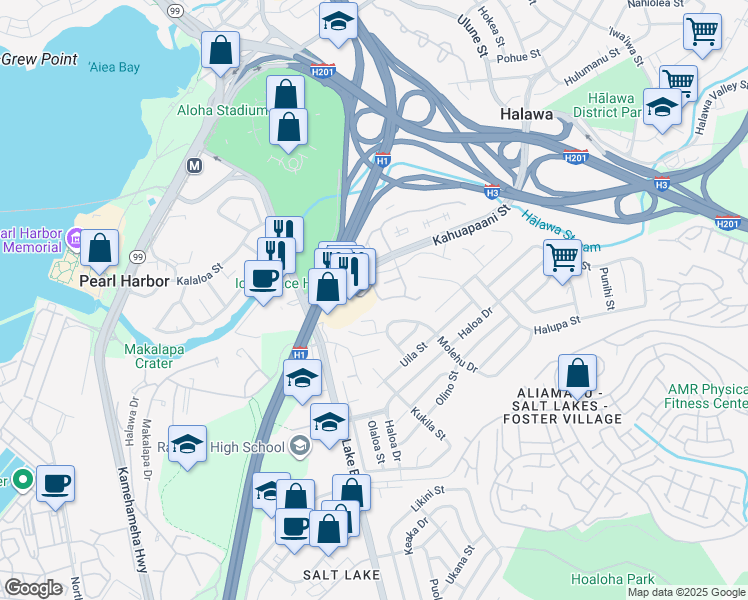 map of restaurants, bars, coffee shops, grocery stores, and more near 1205 Ala Alii Street in Honolulu