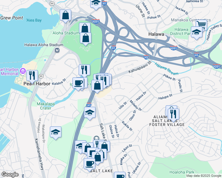 map of restaurants, bars, coffee shops, grocery stores, and more near 1205 Ala Alii Street in Honolulu